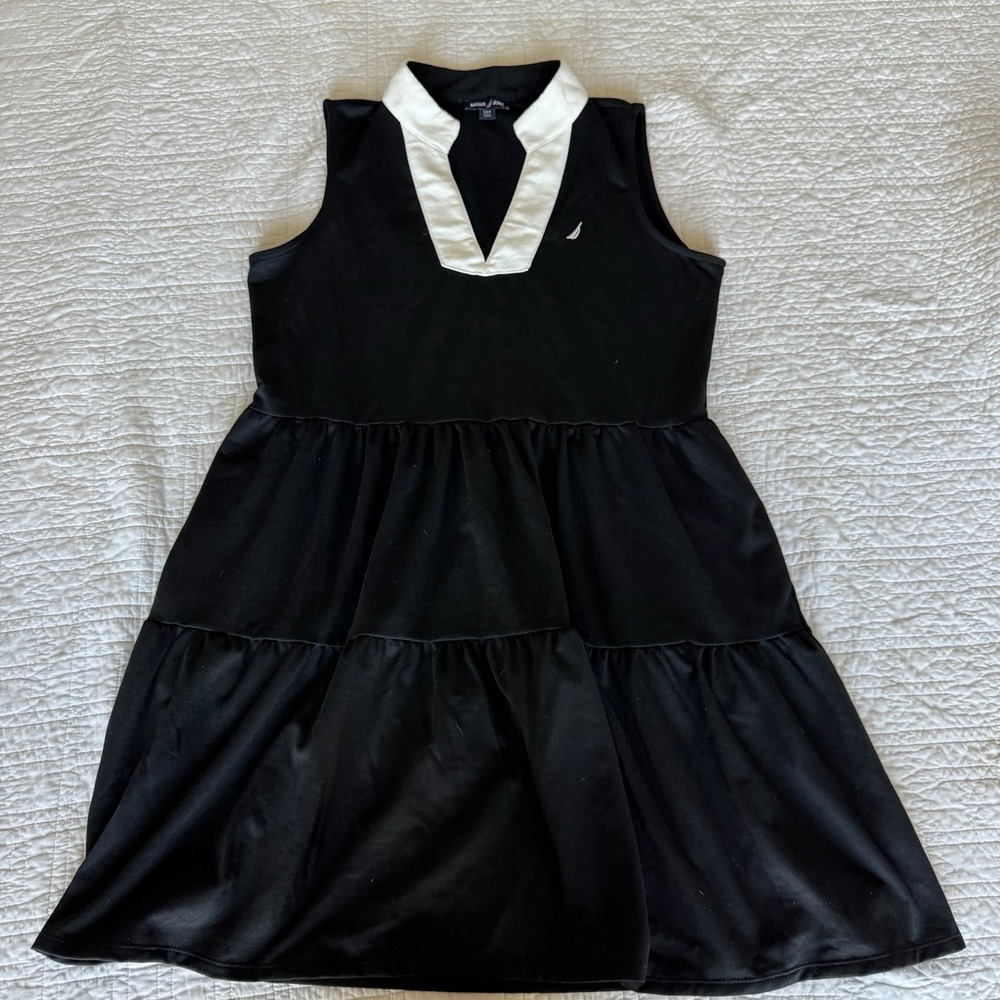 Nautica‎ Jeans Women Black Blue White Tiered Sleeveless Polo Mini Dress Large LG